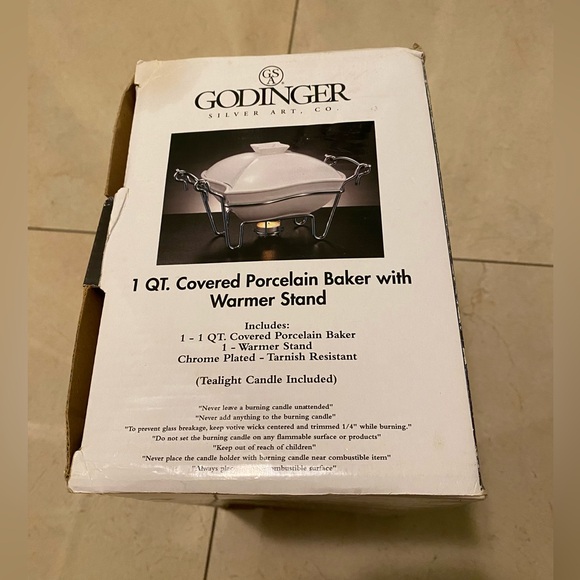 Godinger White Porcelain Baker Dish&Lid 1 Quart, w/Metal Warming Stand and Box - Picture 2 of 6